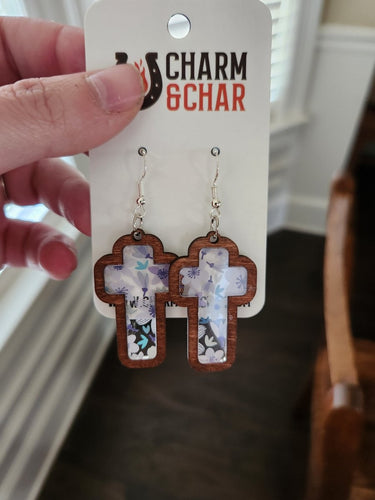 Floral Cross Earrings – Wood & Acrylic Faith Jewelry - Dangle Earring - Charm and Char